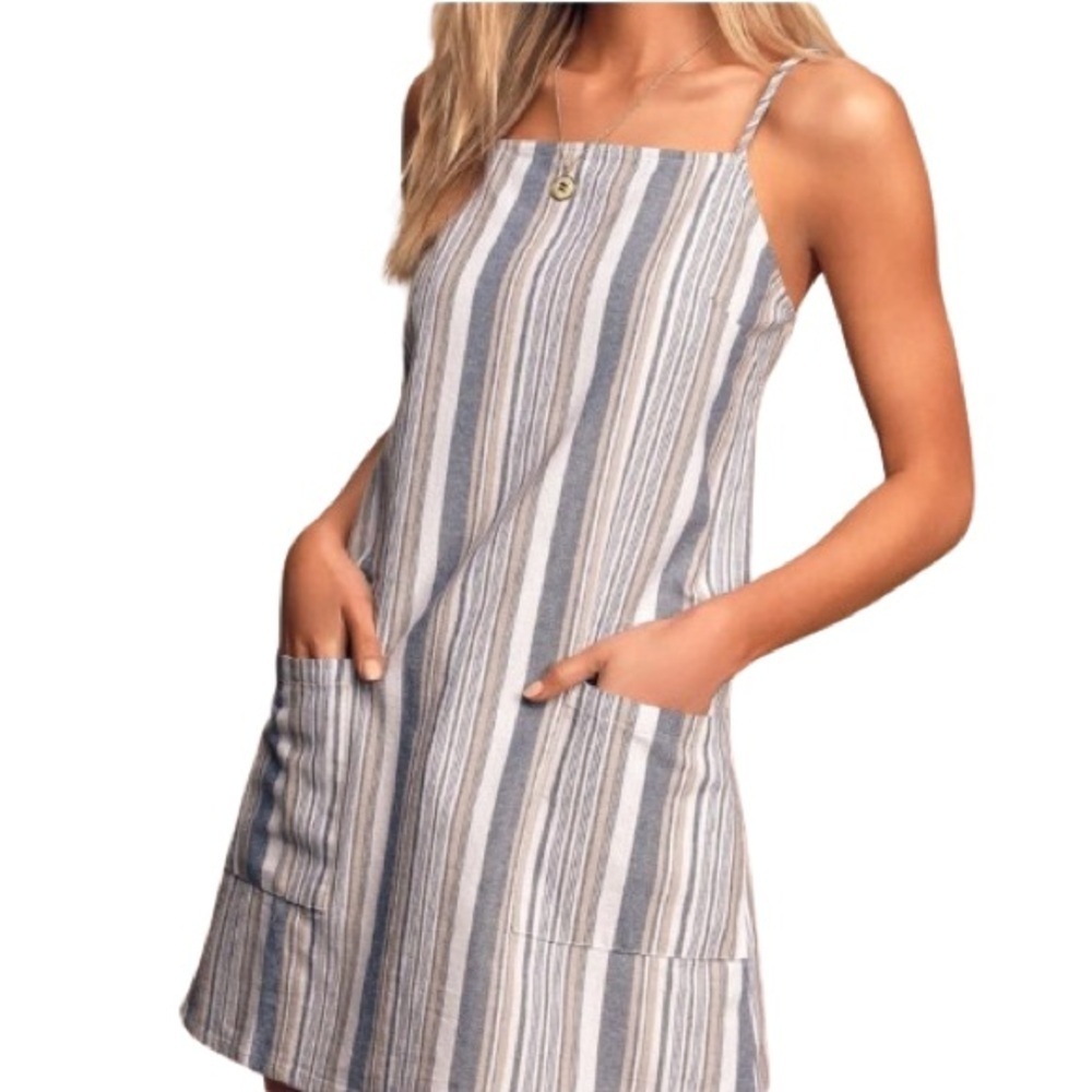 Women's S Lulus Beach Bound Washed Striped Shift Dress Navy Mini Relaxed